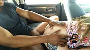 Public interracial blowjob in backseat.