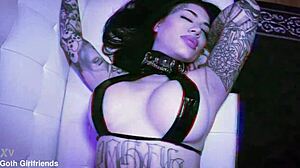 Tattooed goth bombshell Lacey Jayne gets rough domination with deepthroat choking and shaved pussy missionary pounding.