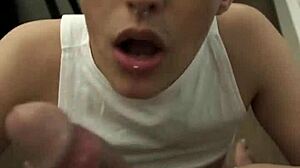 Brunette teen pornstar Nick Foxxx teases with wet oral and spits on big cock in cute close-up.