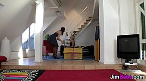 Amateur Teen 18+ Engages in Hardcore Sex with Older Man in Stockings. She Experiences Intense Fingering and Oral in European British Threesome Setting.