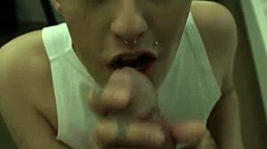 Brunette teen pornstar Nick Foxxx teases with wet oral and spits on big cock in cute close-up.