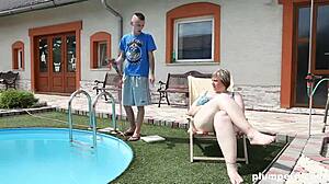 Fat bbw femdom commands submissive to clean pool before face sitting and kinky curvy domination.