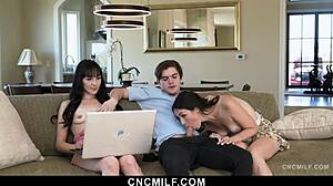 stepsisters summon freeuse guy for laptop repair then enjoy group doggystyle pounding