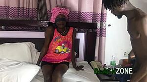 Amateur ebony babe with cute feet and small natural tits gets interviewed in bedroom. She tests my dick in close-up casting instead of fruits for Easter.