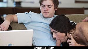 stepsisters summon freeuse guy for laptop repair then enjoy group doggystyle pounding