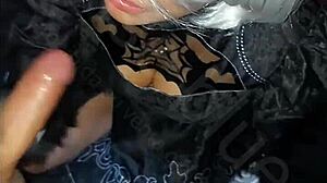 Mexican otaku girl in 2b cosplay starts oral fun after the convention in part one.
