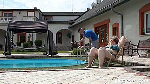 Fat bbw femdom commands submissive to clean pool before face sitting and kinky curvy domination.
