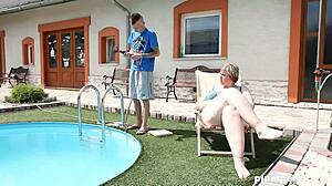 Fat bbw femdom commands submissive to clean pool before face sitting and kinky curvy domination.