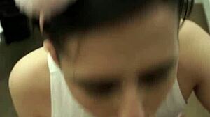 Brunette teen pornstar Nick Foxxx teases with wet oral and spits on big cock in cute close-up.