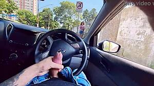 guy masturbates in car publicly while watching hot girl at the bus stop