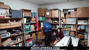 slut shoplifter, you gotta swallow our two huge cocks to skip jail time