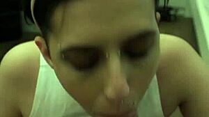 Brunette teen pornstar Nick Foxxx teases with wet oral and spits on big cock in cute close-up.