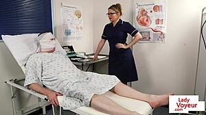 British nurse in uniform with glasses and heels voyeuristically instructs submissive patient