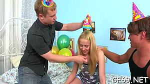 skinny darling offers her tight twat to two horny studs for rough sucking and pussy sharing