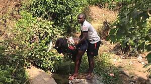 feeling excited during quick riverside romp with asian european couple and big cock