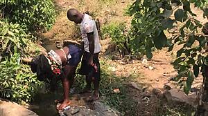 feeling excited during quick riverside romp with asian european couple and big cock