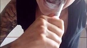 Chantal Filling Mouth with Toothpaste for Close-Up Homemade Fetish Brushing