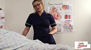 British nurse in uniform with glasses and heels voyeuristically instructs submissive patient