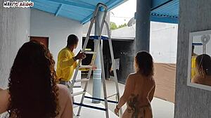 Two naked Brazilian bosses welcome a visitor with ass licking and creampie in a hot garage threesome