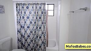 Sexy blonde petite hottie Chloe Rose massages natural boobs post-shower then fingers her shaved pink pussy passionately