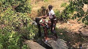 feeling excited during quick riverside romp with asian european couple and big cock