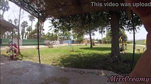 Real flash naked in public park groping stepfather's big cock while strangers watch cumshot