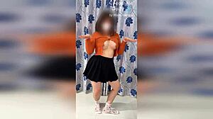 Shaved asian in miniskirt dances with buttplug before wet pussy creampie in missionary and doggystyle homemade quickie