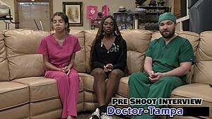 Oh No! Student Intern Giggles During Dr Tampa's Backstage Exam With Shaved Pussy Spread!