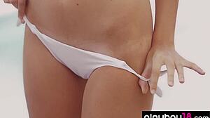 petite teen katrine pirs strips down and poses naked by the outdoor pool