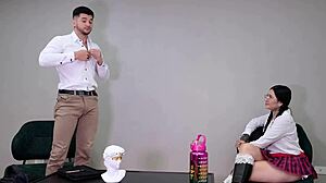 Horny college student offered her pussy to the professor for passing grades in a quickie session with deepthroat, doggystyle, and riding.