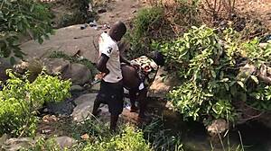 feeling excited during quick riverside romp with asian european couple and big cock