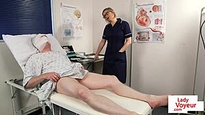 British nurse in uniform with glasses and heels voyeuristically instructs submissive patient
