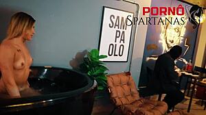 gabily takes anal creampie in wet pussy doggystyle. blonde lingerie blonde shows shaved close-up with tan lines.