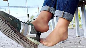 tan nylon soles with blue jeans teasing on the bench outdoors 😘