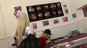 Gangbang heats up at the diners with blonde milf banging and wet pussy orgasms in rough group action!