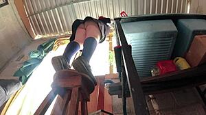 she wears a skirt but can't reach so the big ass mexican colombian student gets recorded under her skirt with hidden voyeur cam spying upskirt