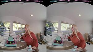 Lazy stepson watches blonde milf masturbate solo with toys on shaved big tits in reality pov.