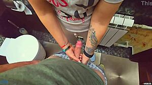 Stranger blasts cum load into my panties during quickie in restaurant toilet with milf pov creampie.