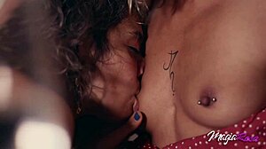 Two girls on a date fuck each other and the waiter in restaurant threesome