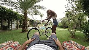 Ebony teen Jeni Pretinha unwinds by riding big cock in outdoor POV after her bike adventure