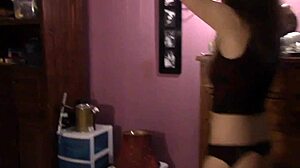 Sexy little kitten Theory dances in thong and garter belt homemade