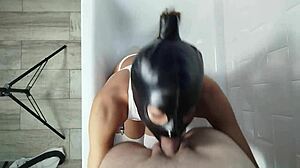 Pervert Bitch Sucks Cock in Bathtub and Gets Face Fucked with Leather Slave Mask