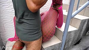 Ebony ass licking leads to outdoor dick riding on stairs