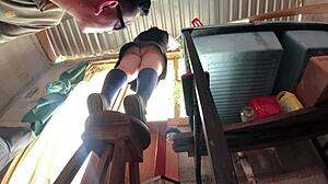 she wears a skirt but can't reach so the big ass mexican colombian student gets recorded under her skirt with hidden voyeur cam spying upskirt