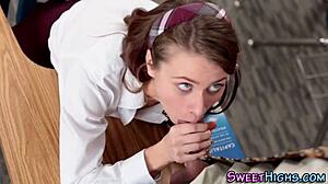 Teen brunette coed gives hardcore blowjob in uniform leading to facial