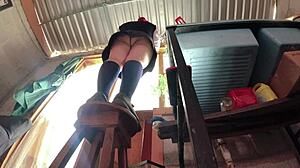 she wears a skirt but can't reach so the big ass mexican colombian student gets recorded under her skirt with hidden voyeur cam spying upskirt