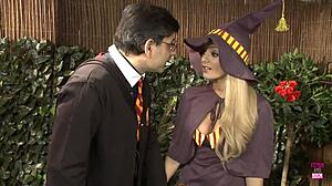 hey, watch the newly minted blonde sorceress join this phenomenal orgy, jumping on a huge cock in cosplay with cum in mouth