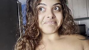 taking coffee naked with big breasts chatting to the camera