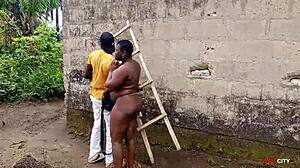 new electrician bangs curvy madam doggystyle outside factory house with wet pussy orgasm