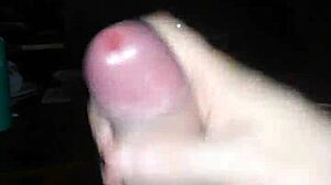 Jerking off solo to transsexual porn until cumshot jizz covers everything